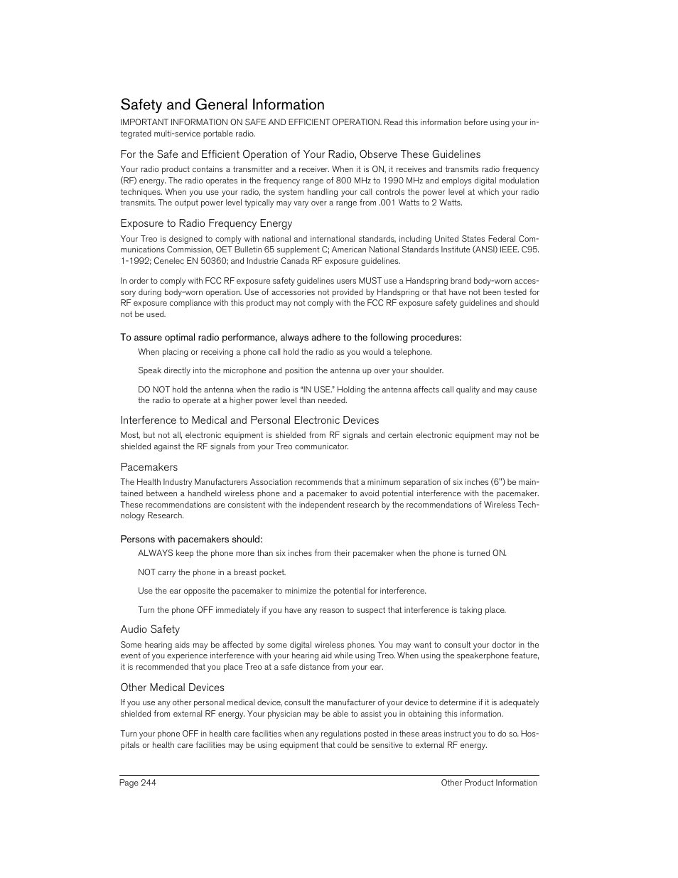 Safety and general information, Persons with pacemakers should | Handspring 270 User Manual | Page 244 / 257