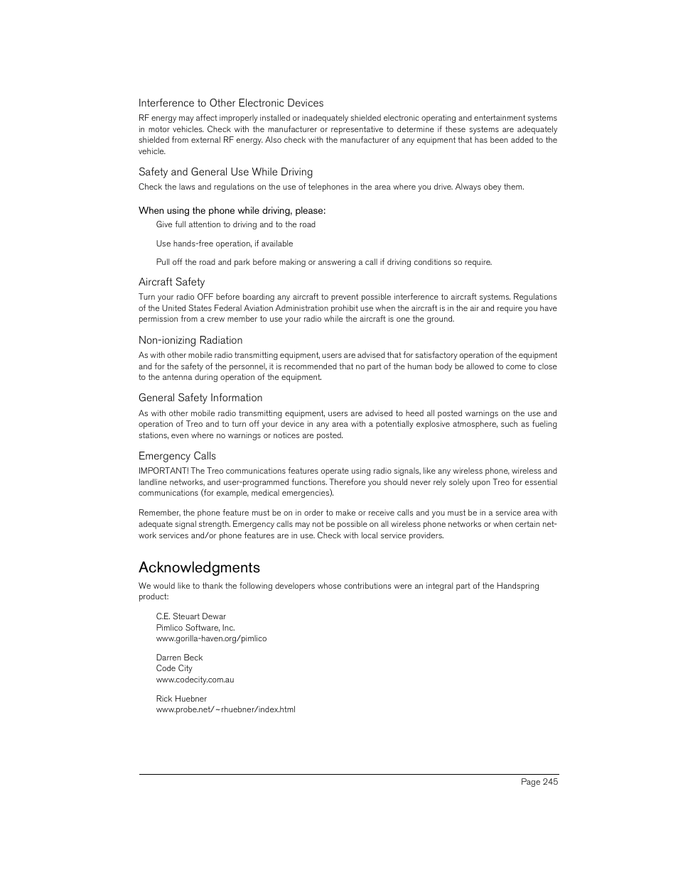 When using the phone while driving, please, Acknowledgments | Handspring 270 User Manual | Page 245 / 257