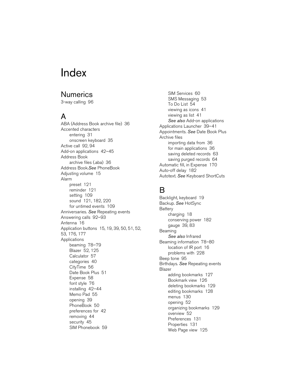 Index, Numerics | Handspring 270 User Manual | Page 247 / 257