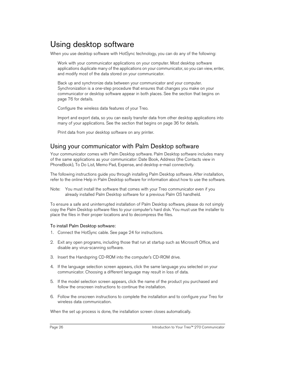 Using desktop software, Using your communicator with palm desktop software, To install palm desktop software | Handspring 270 User Manual | Page 26 / 257