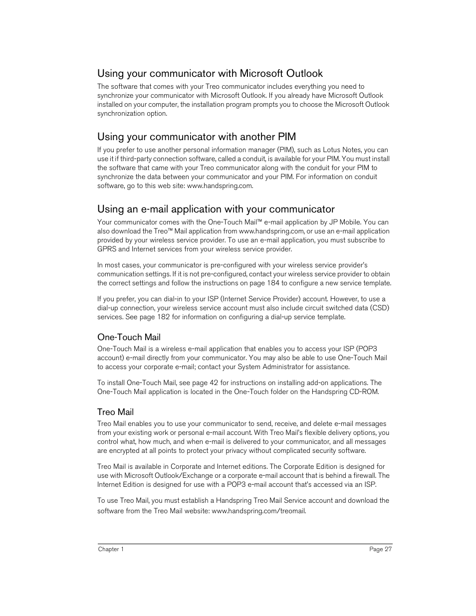 Using your communicator with microsoft outlook, Using your communicator with another pim, Using an e-mail application with your communicator | One-touch mail, Treo mail | Handspring 270 User Manual | Page 27 / 257
