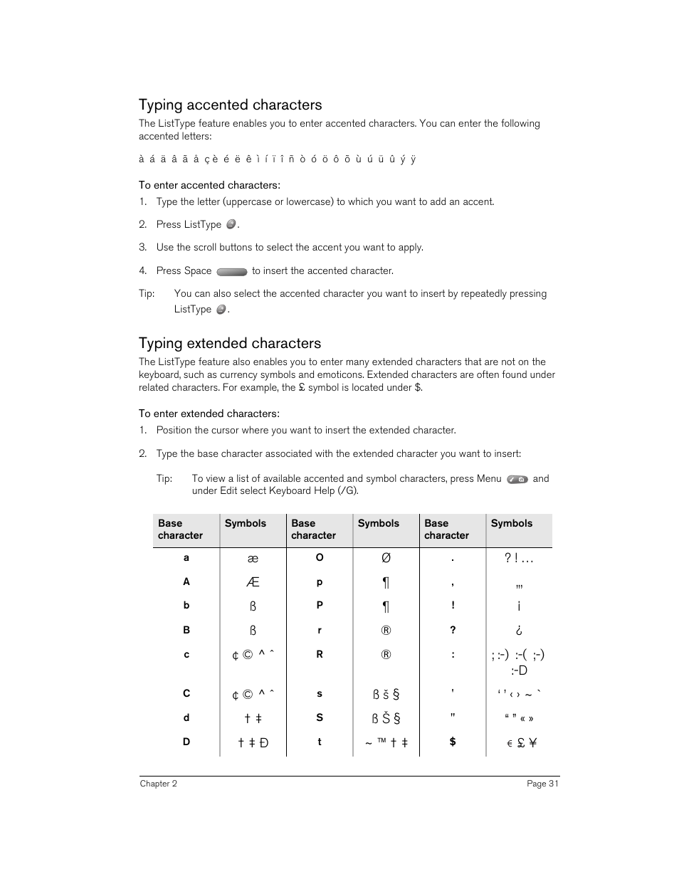 Typing accented characters, To enter accented characters, Typing extended characters | To enter extended characters | Handspring 270 User Manual | Page 31 / 257