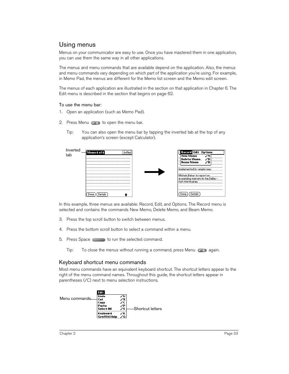 Using menus, To use the menu bar, Keyboard shortcut menu commands | Handspring 270 User Manual | Page 33 / 257