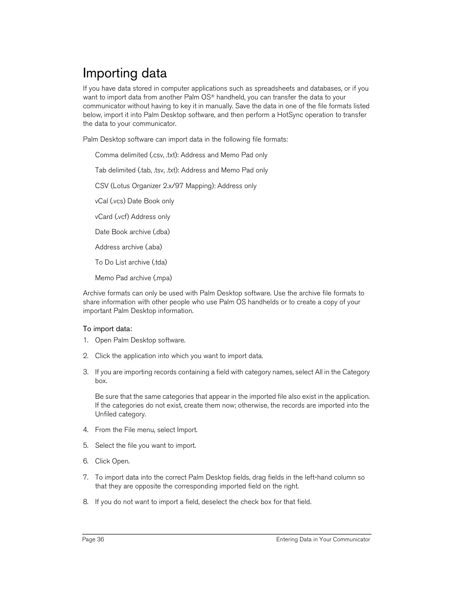 Importing data, To import data | Handspring 270 User Manual | Page 36 / 257