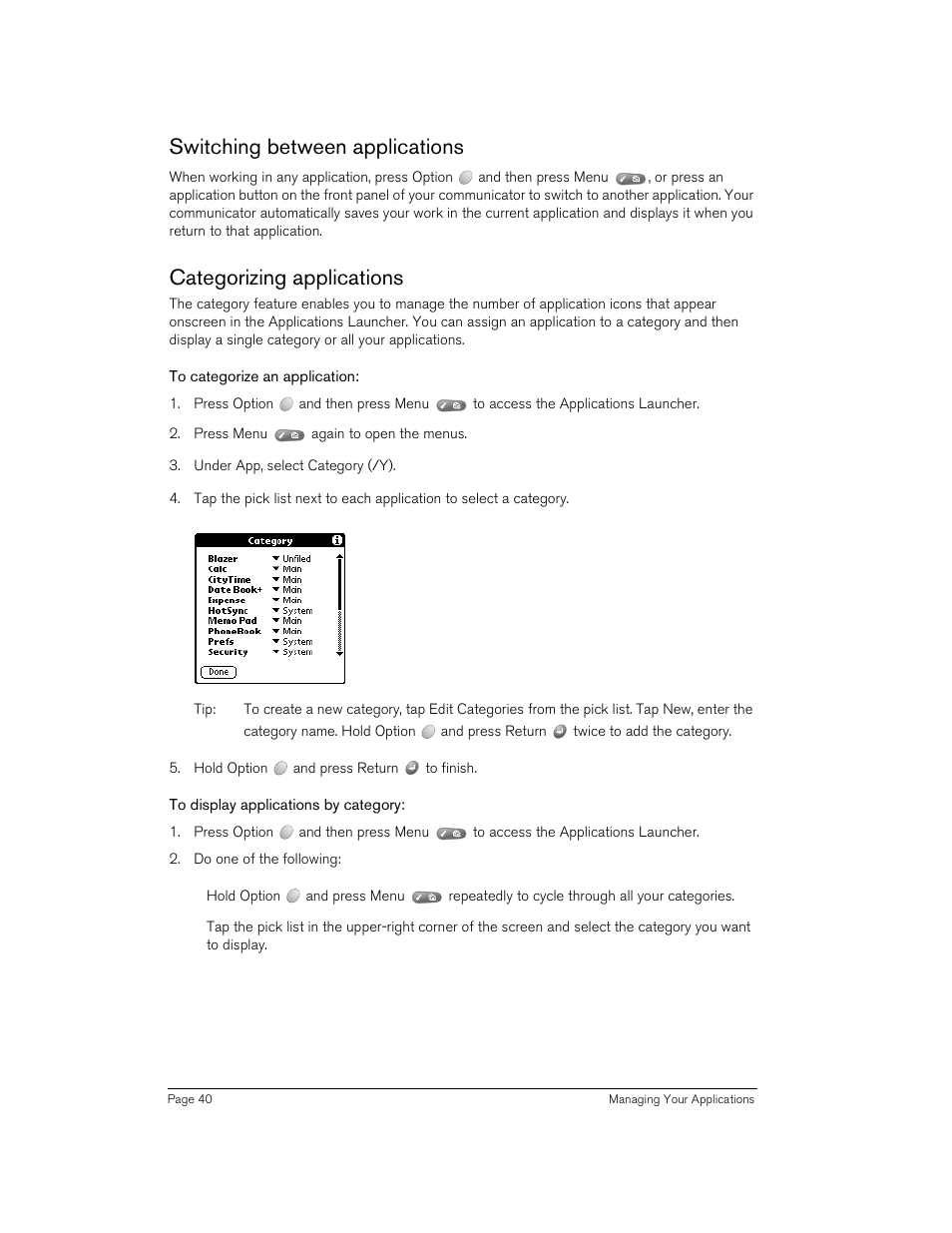 Switching between applications, Categorizing applications, To categorize an application | To display applications by category | Handspring 270 User Manual | Page 40 / 257