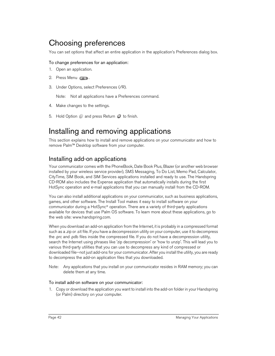Choosing preferences, To change preferences for an application, Installing and removing applications | Installing add-on applications, To install add-on software on your communicator | Handspring 270 User Manual | Page 42 / 257