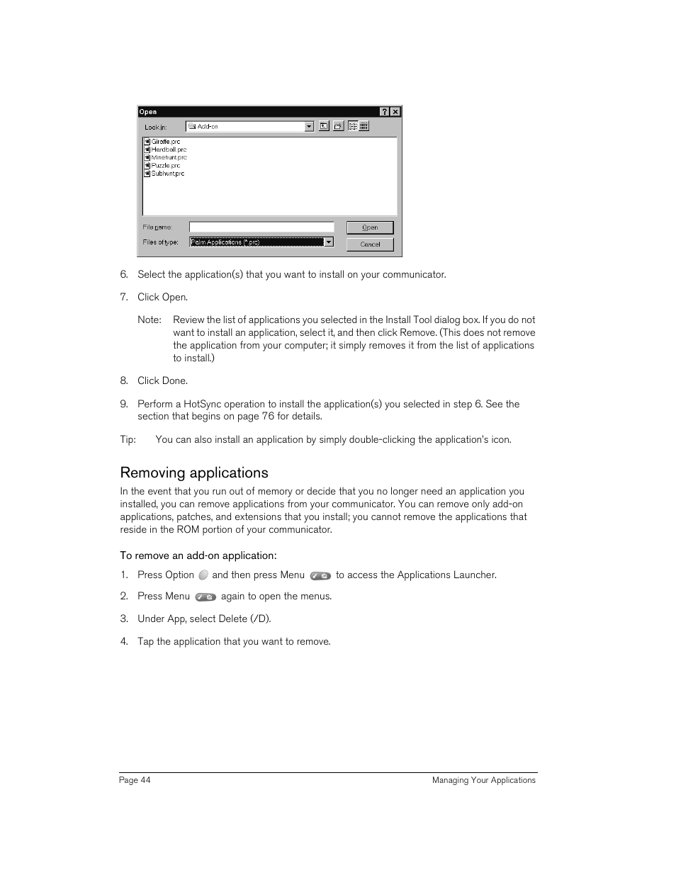 Removing applications, To remove an add-on application | Handspring 270 User Manual | Page 44 / 257