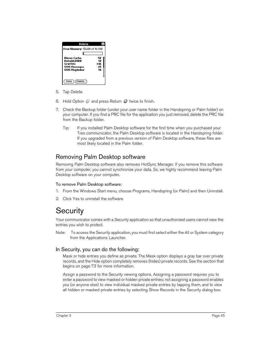 Removing palm desktop software, To remove palm desktop software, Security | In security, you can do the following | Handspring 270 User Manual | Page 45 / 257