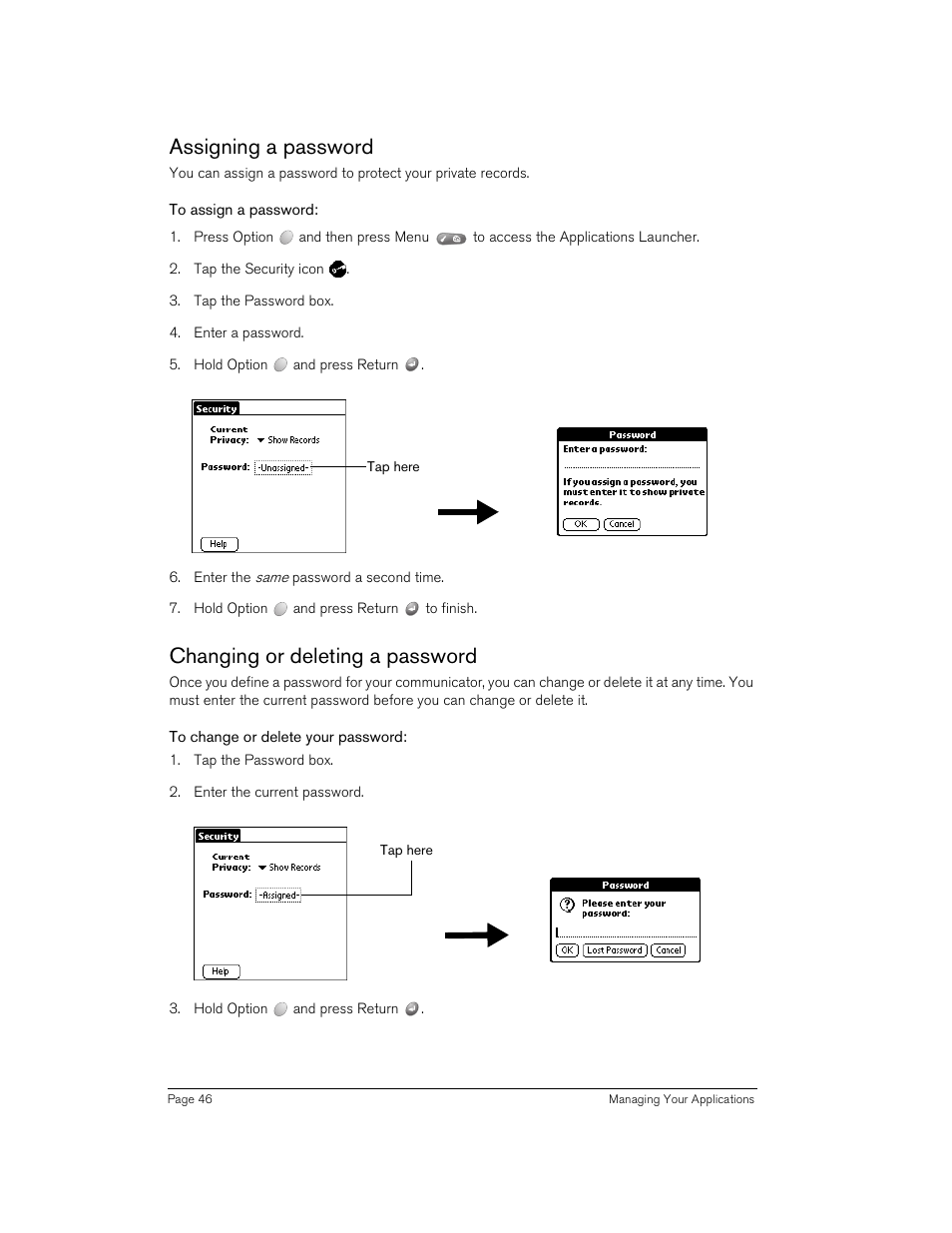 Assigning a password, To assign a password, Changing or deleting a password | To change or delete your password | Handspring 270 User Manual | Page 46 / 257