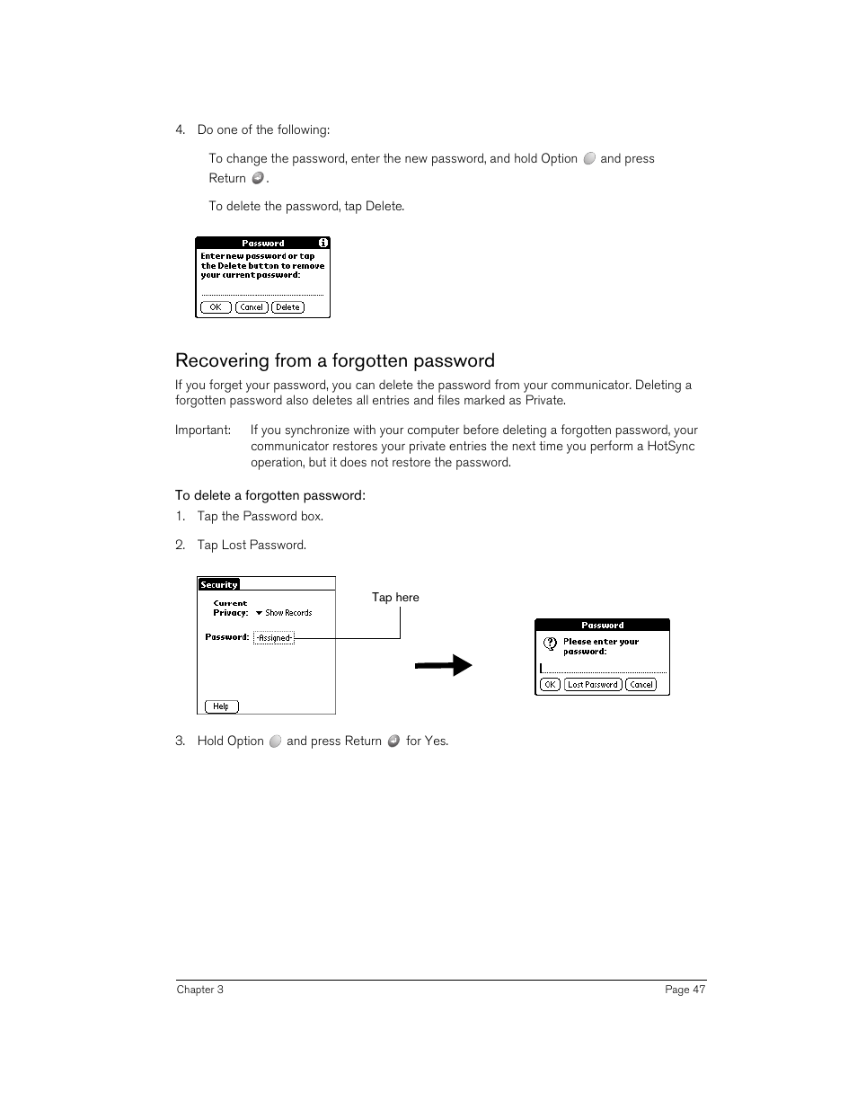 Recovering from a forgotten password, To delete a forgotten password | Handspring 270 User Manual | Page 47 / 257