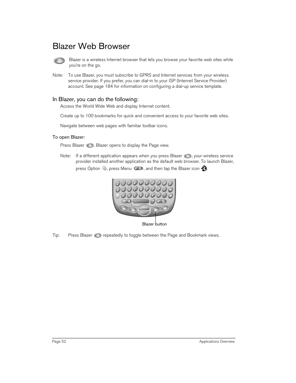 Blazer web browser, In blazer, you can do the following, To open blazer | Blazer button | Handspring 270 User Manual | Page 52 / 257