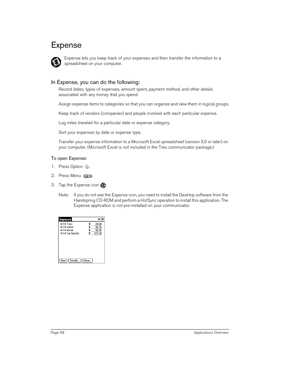 Expense, In expense, you can do the following, To open expense | Handspring 270 User Manual | Page 58 / 257