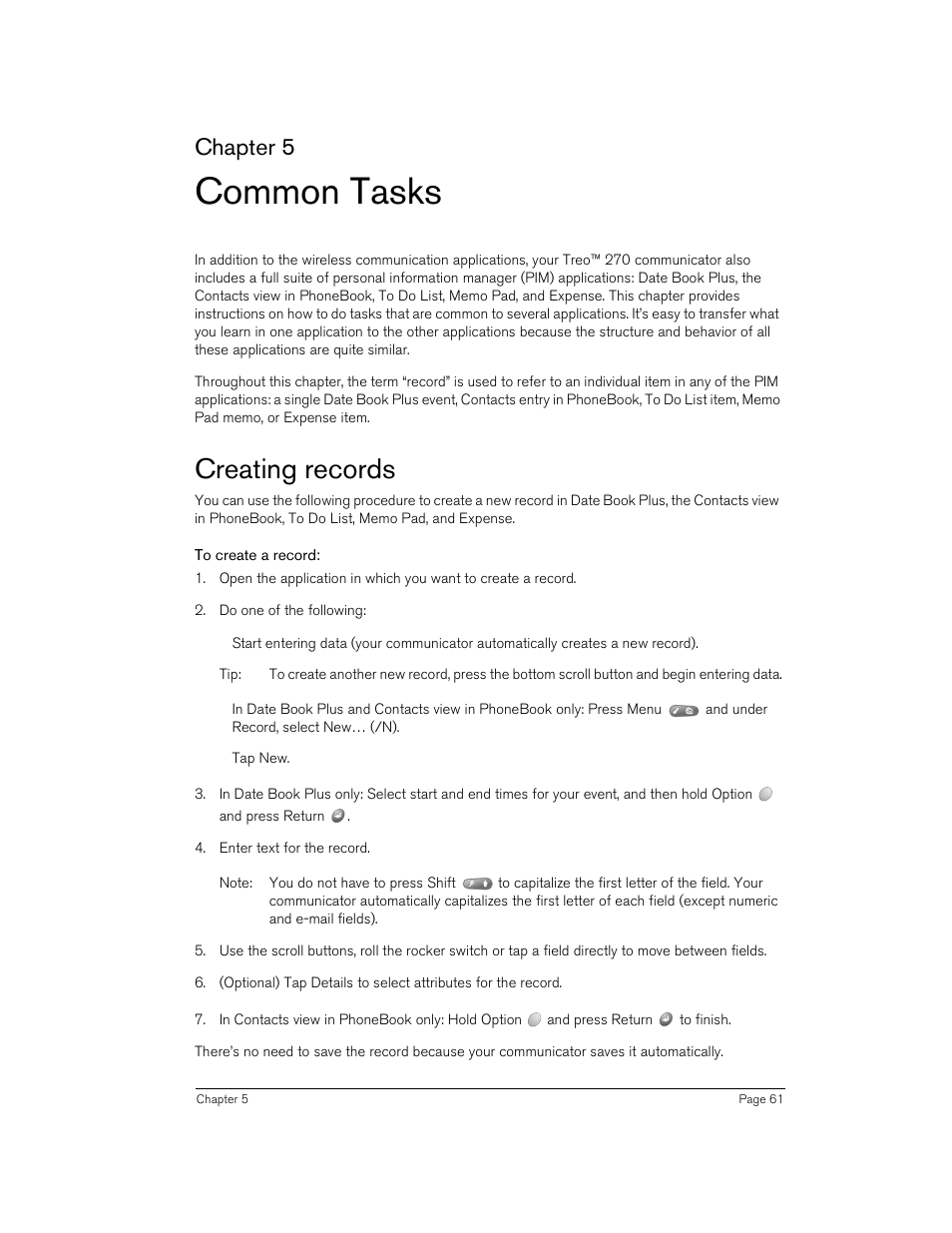 Common tasks, Creating records, To create a record | Chapter 5 | Handspring 270 User Manual | Page 61 / 257
