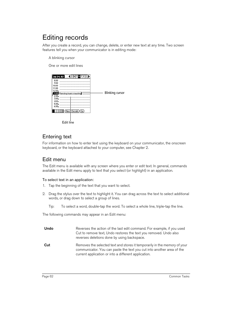 Editing records, Entering text, Edit menu | To select text in an application, Entering text edit menu | Handspring 270 User Manual | Page 62 / 257