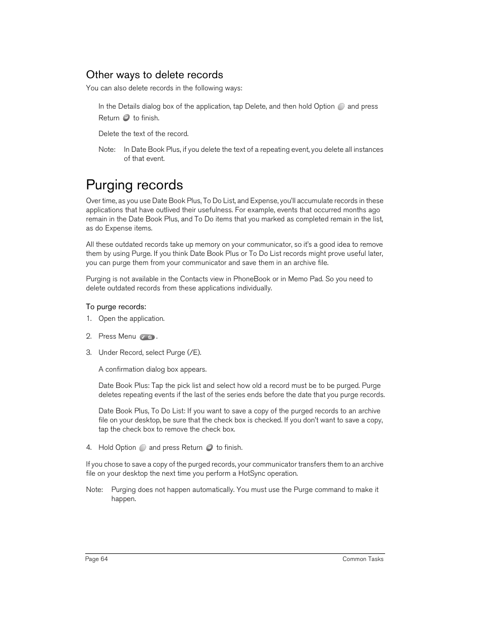 Other ways to delete records, Purging records, To purge records | Handspring 270 User Manual | Page 64 / 257