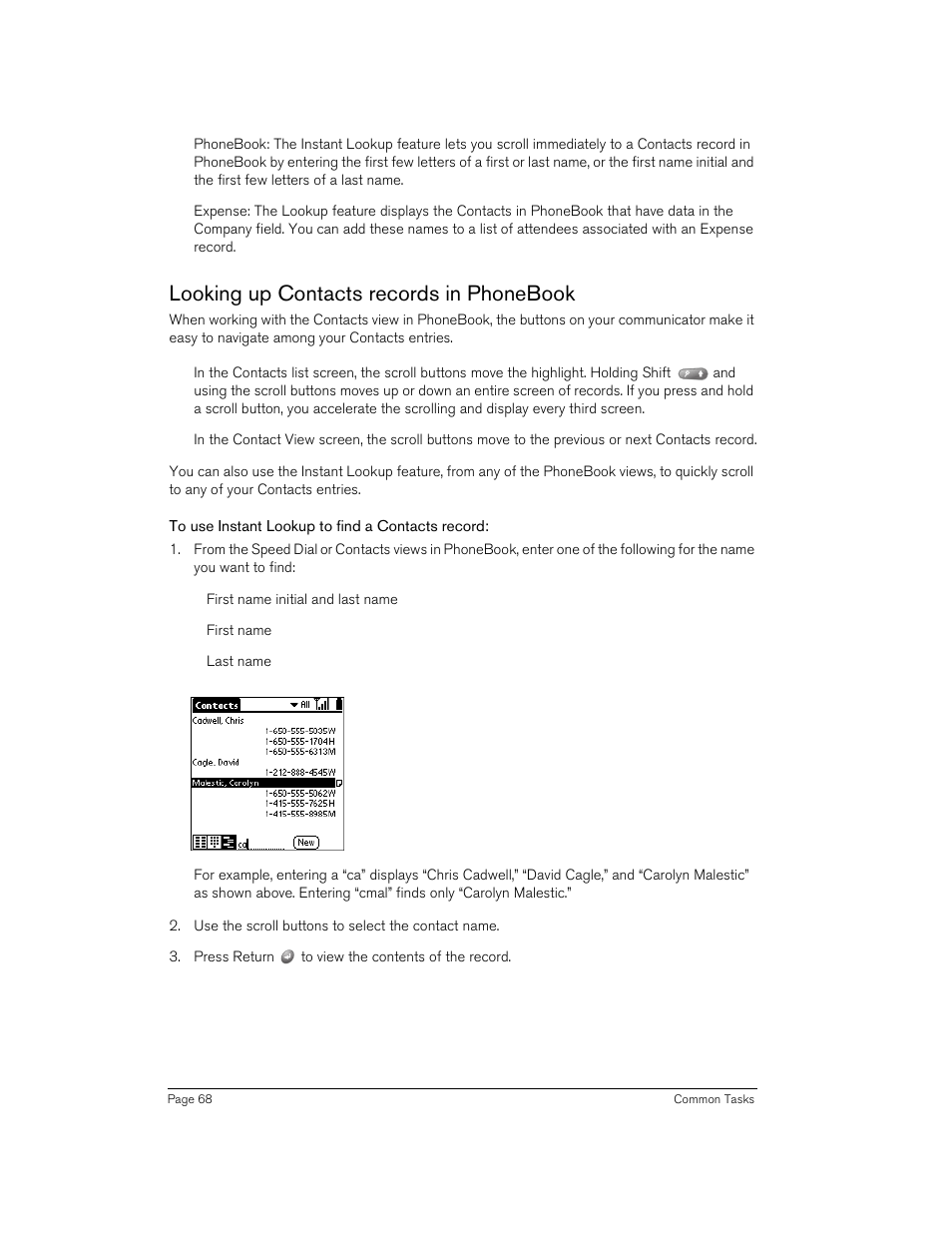 Looking up contacts records in phonebook, To use instant lookup to find a contacts record | Handspring 270 User Manual | Page 68 / 257