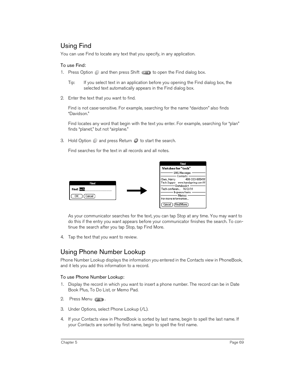 Using find, To use find, Using phone number lookup | To use phone number lookup, Using find using phone number lookup | Handspring 270 User Manual | Page 69 / 257