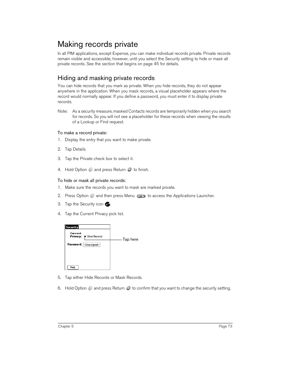 Making records private, Hiding and masking private records, To make a record private | To hide or mask all private records | Handspring 270 User Manual | Page 73 / 257