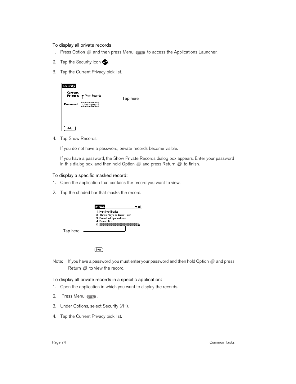 To display all private records, To display a specific masked record | Handspring 270 User Manual | Page 74 / 257