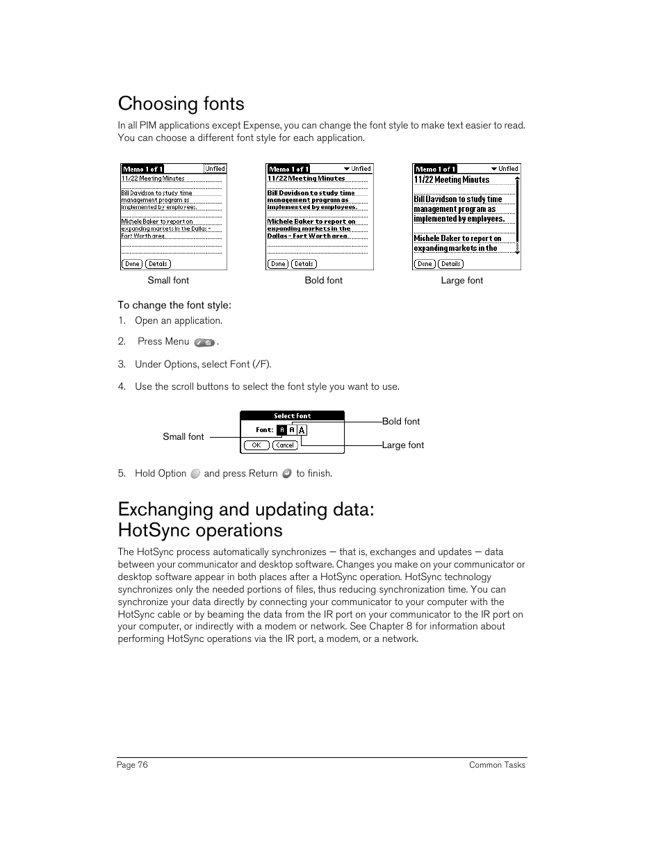 Choosing fonts, To change the font style, Exchanging and updating data: hotsync operations | Handspring 270 User Manual | Page 76 / 257