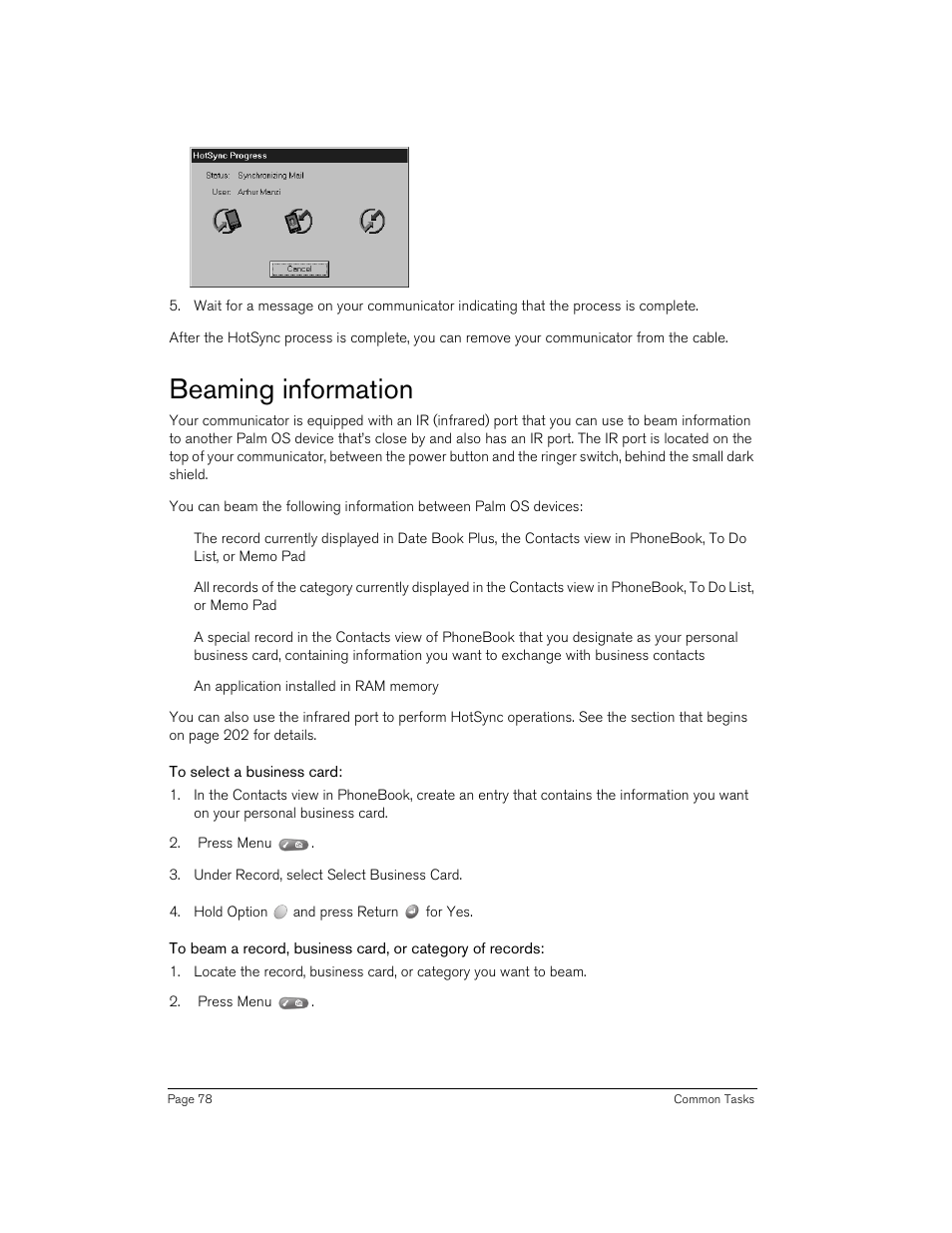 Beaming information, To select a business card, Ge 78 for | Handspring 270 User Manual | Page 78 / 257
