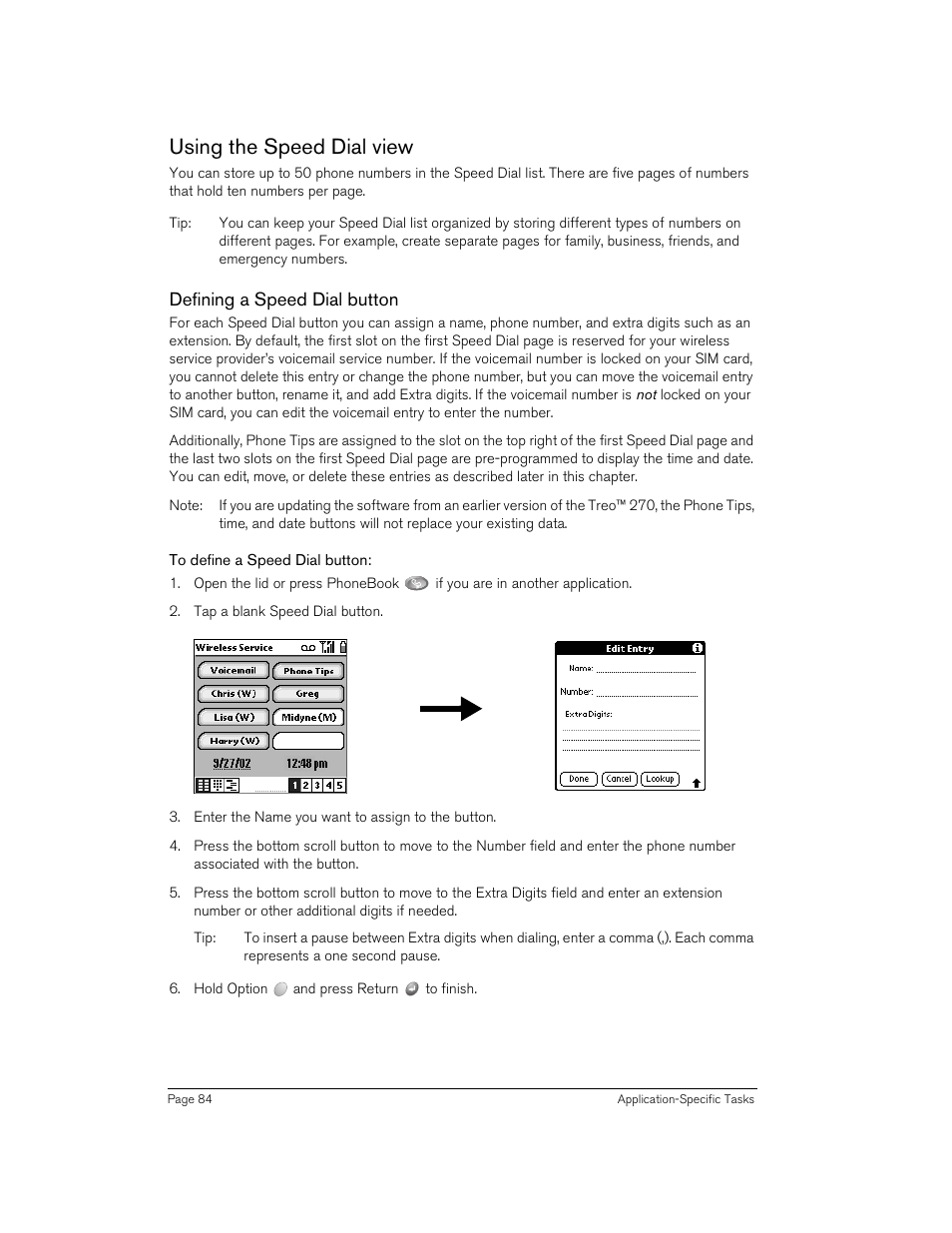 Using the speed dial view, Defining a speed dial button, To define a speed dial button | Handspring 270 User Manual | Page 84 / 257