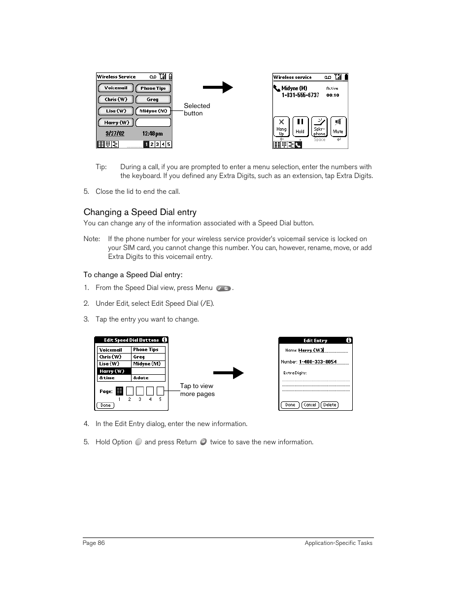 Changing a speed dial entry, To change a speed dial entry | Handspring 270 User Manual | Page 86 / 257