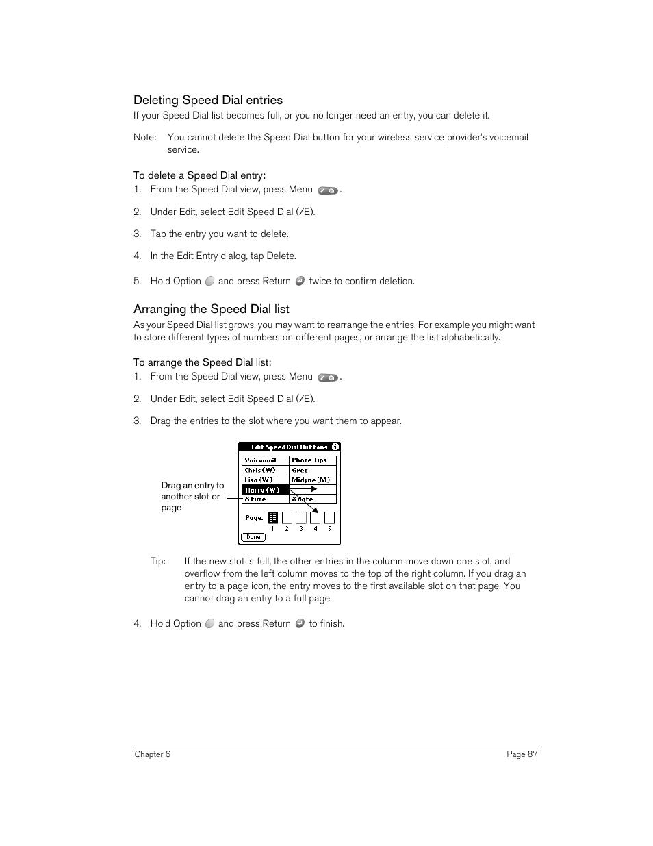 Deleting speed dial entries, To delete a speed dial entry, Arranging the speed dial list | To arrange the speed dial list | Handspring 270 User Manual | Page 87 / 257