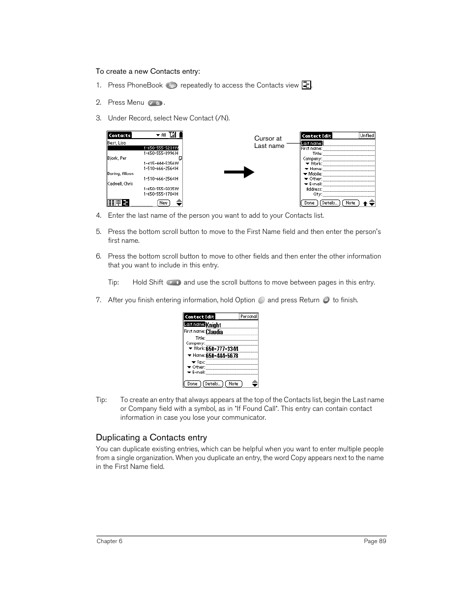 To create a new contacts entry, Duplicating a contacts entry | Handspring 270 User Manual | Page 89 / 257