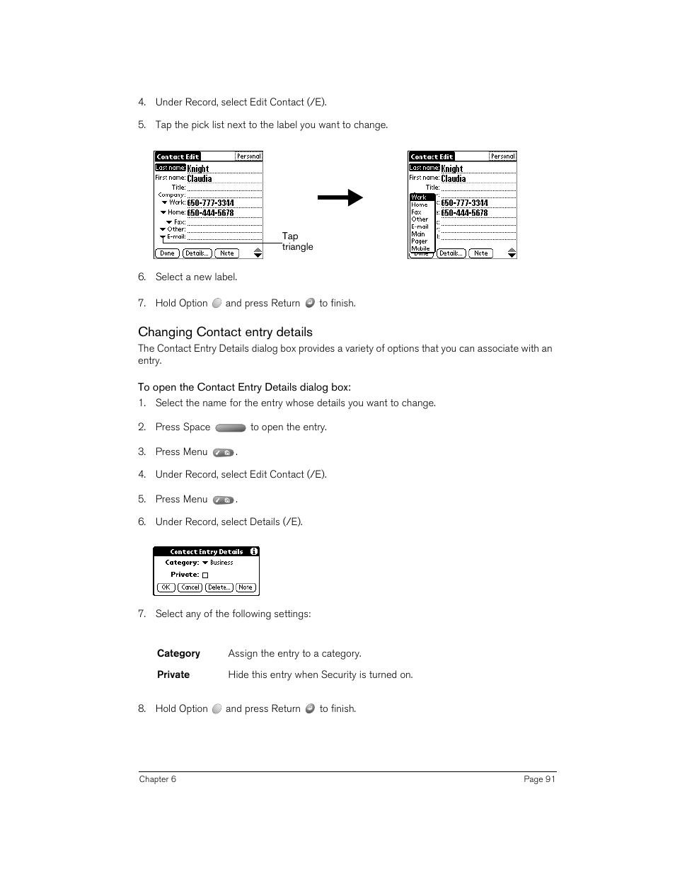 Changing contact entry details, To open the contact entry details dialog box | Handspring 270 User Manual | Page 91 / 257