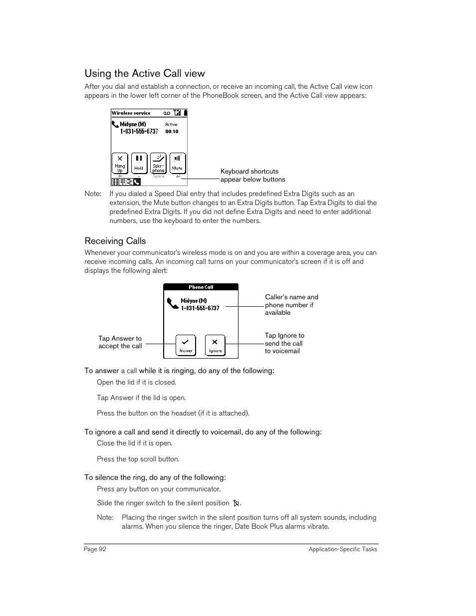 Using the active call view, Receiving calls, To silence the ring, do any of the following | Handspring 270 User Manual | Page 92 / 257