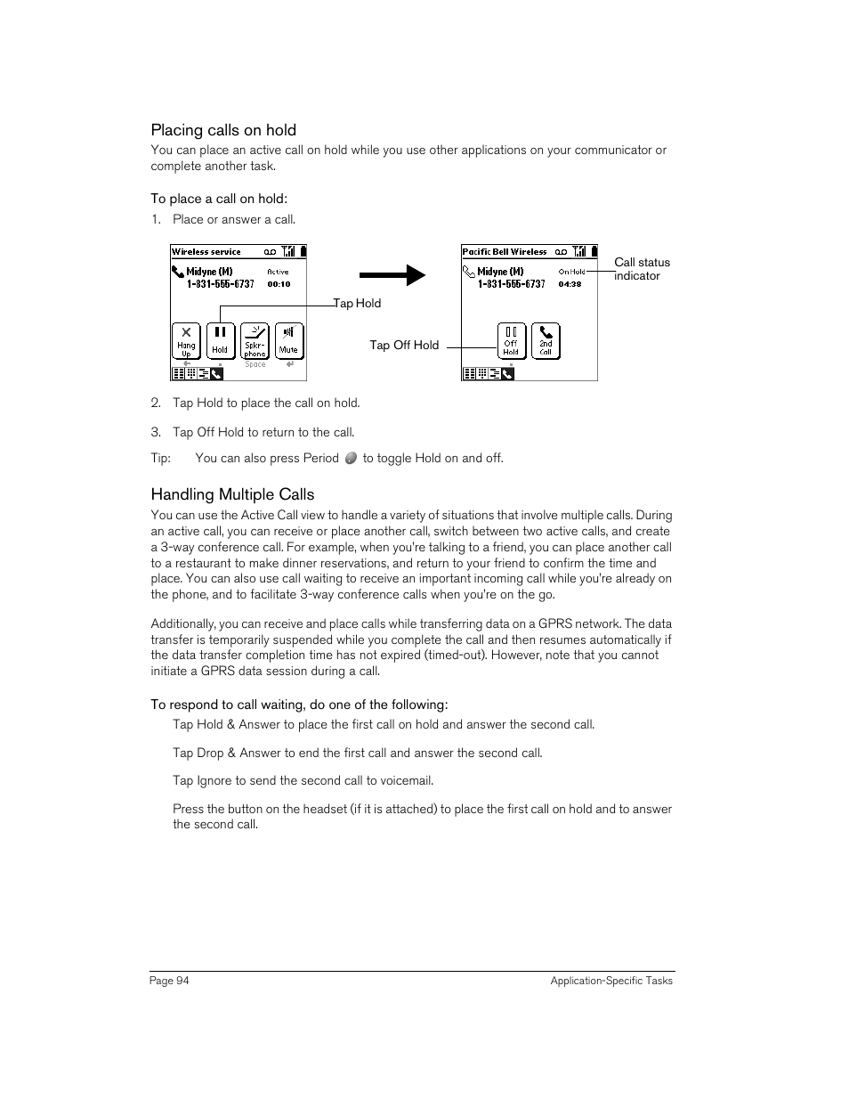 Placing calls on hold, To place a call on hold, Handling multiple calls | Handspring 270 User Manual | Page 94 / 257