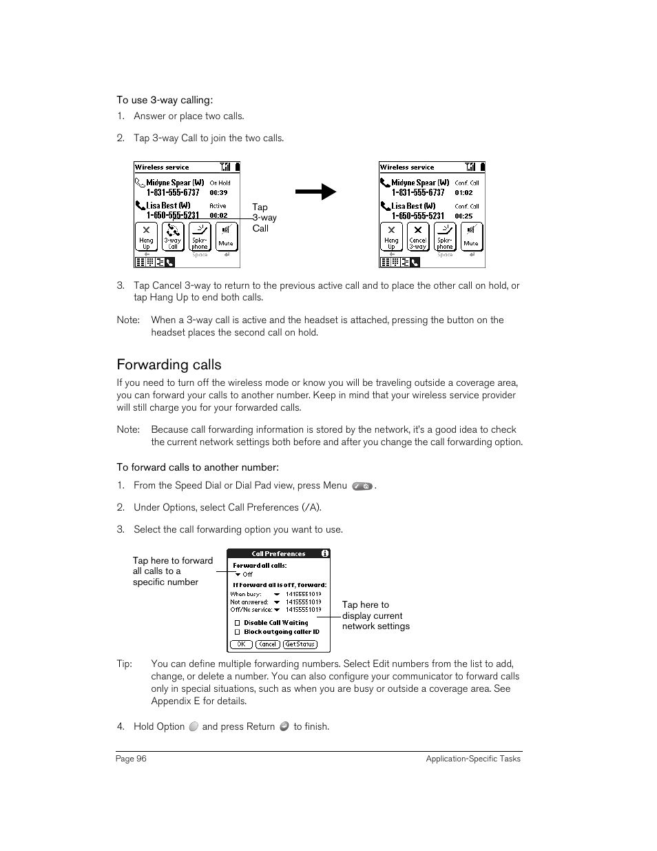 To use 3-way calling, Forwarding calls, To forward calls to another number | Handspring 270 User Manual | Page 96 / 257