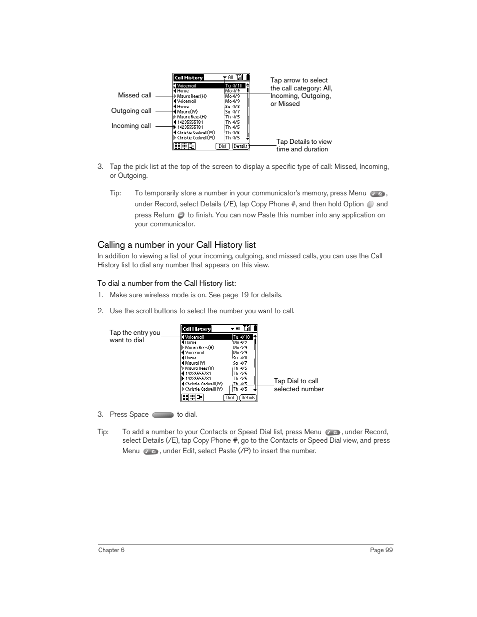 Calling a number in your call history list, To dial a number from the call history list | Handspring 270 User Manual | Page 99 / 257