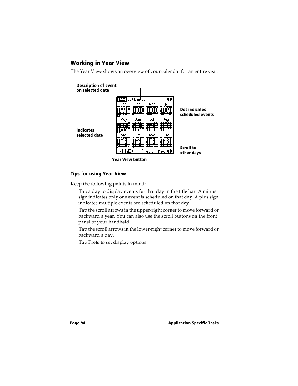 Working in year view, Tips for using year view | Handspring Visor Deluxe Handheld User Manual | Page 102 / 282
