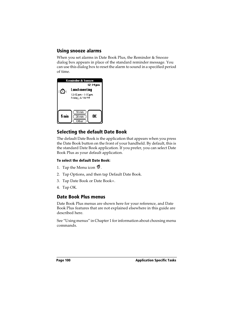 Using snooze alarms, Selecting the default date book, To select the default date book | Date book plus menus | Handspring Visor Deluxe Handheld User Manual | Page 108 / 282