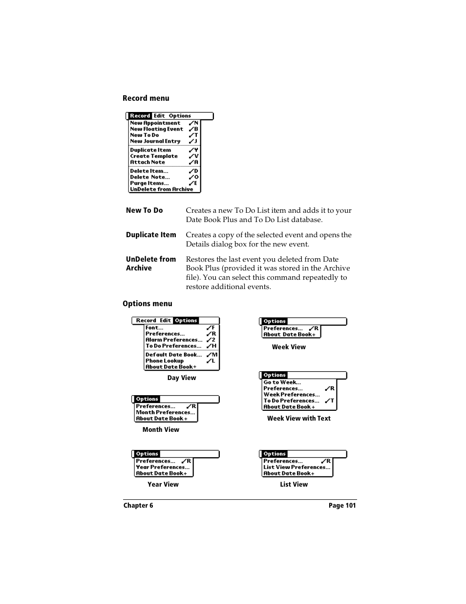 Record menu, Options menu | Handspring Visor Deluxe Handheld User Manual | Page 109 / 282