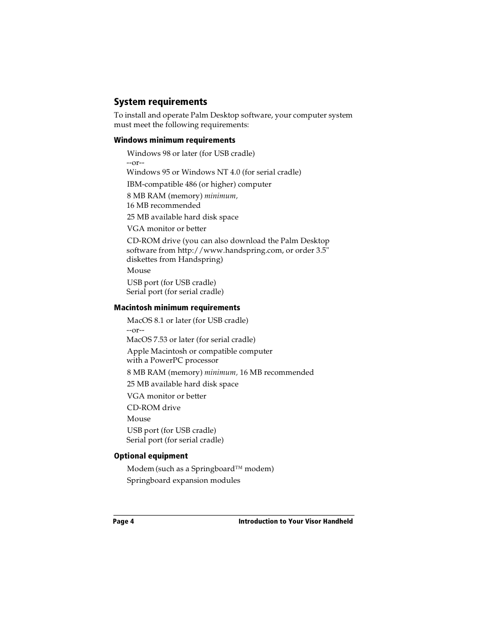 System requirements, Windows minimum requirements, Macintosh minimum requirements | Optional equipment | Handspring Visor Deluxe Handheld User Manual | Page 12 / 282