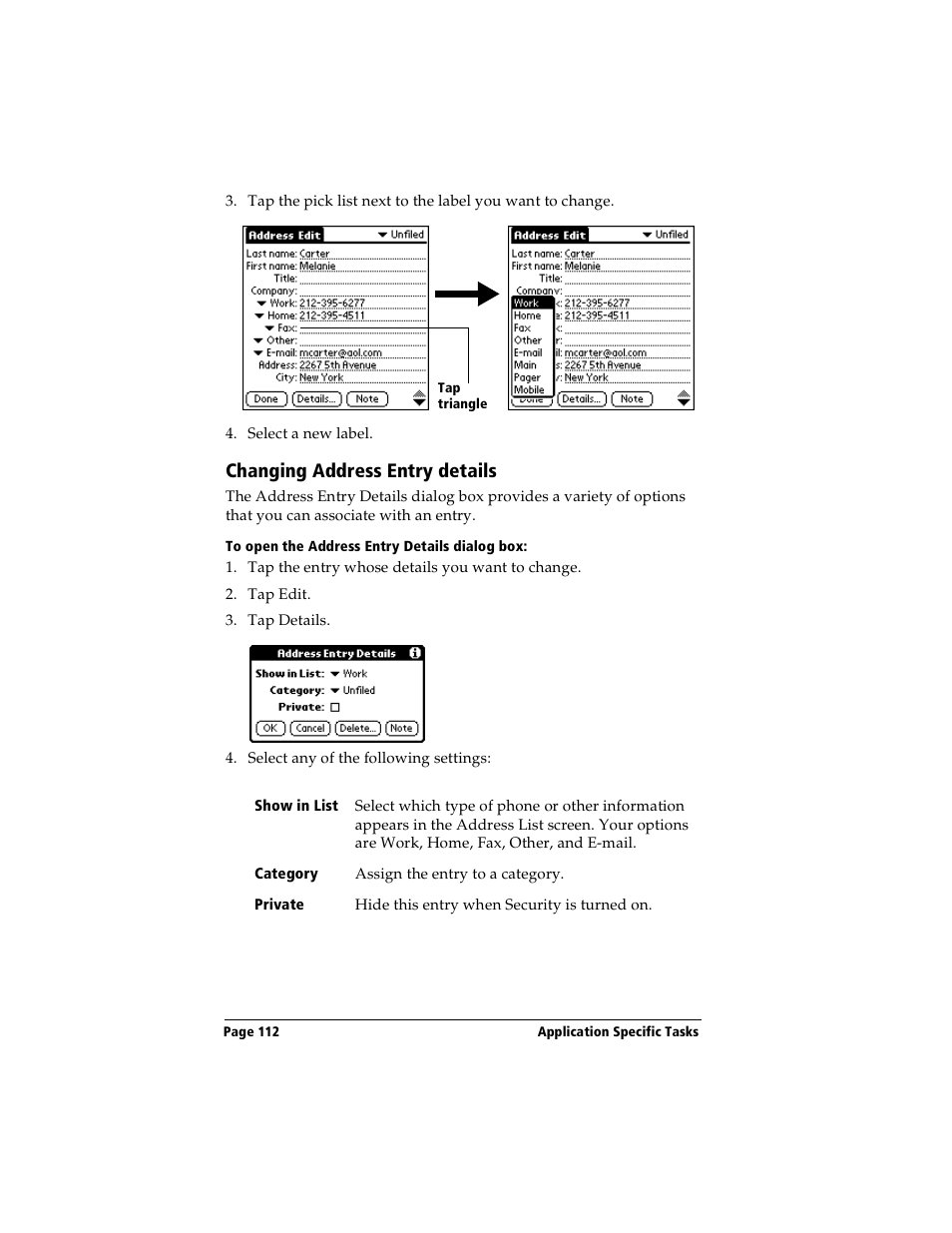 Changing address entry details, To open the address entry details dialog box | Handspring Visor Deluxe Handheld User Manual | Page 120 / 282