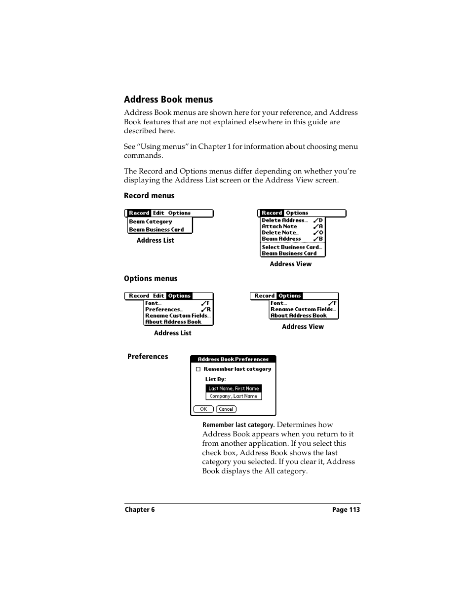 Address book menus, Record menus, Options menus | Handspring Visor Deluxe Handheld User Manual | Page 121 / 282