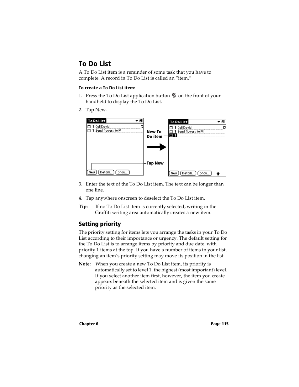 To do list, To create a to do list item, Setting priority | Handspring Visor Deluxe Handheld User Manual | Page 123 / 282