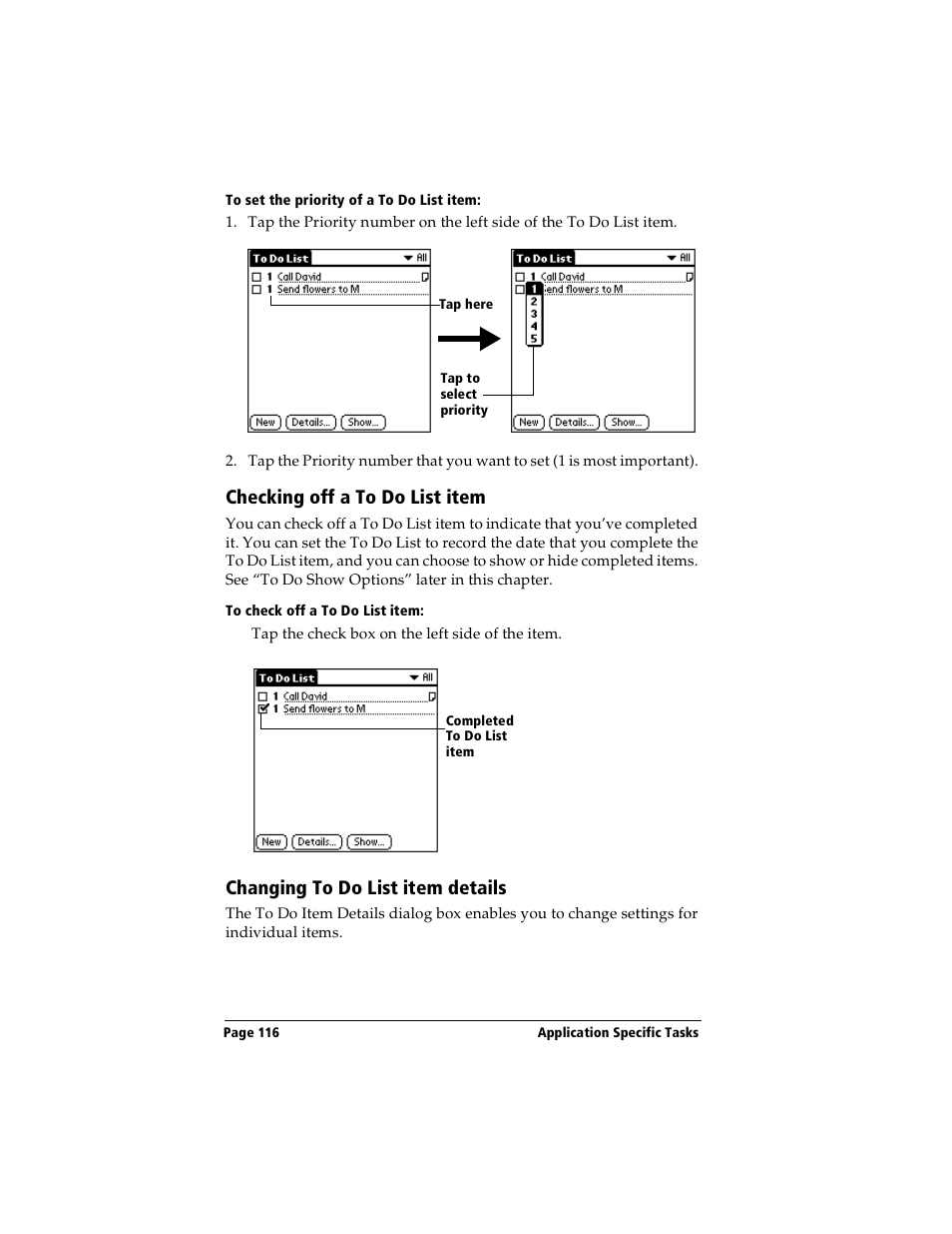 To set the priority of a to do list item, Checking off a to do list item, To check off a to do list item | Changing to do list item details | Handspring Visor Deluxe Handheld User Manual | Page 124 / 282
