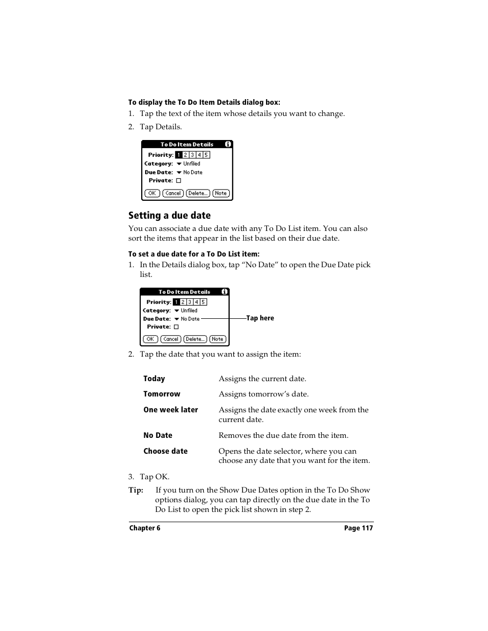 To display the to do item details dialog box, Setting a due date, To set a due date for a to do list item | Handspring Visor Deluxe Handheld User Manual | Page 125 / 282