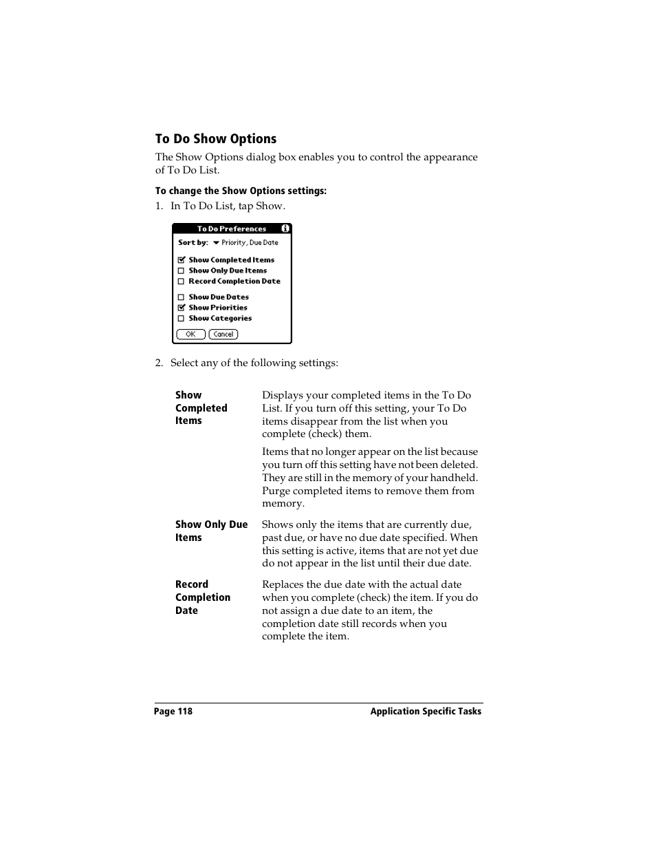 To do show options, To change the show options settings | Handspring Visor Deluxe Handheld User Manual | Page 126 / 282