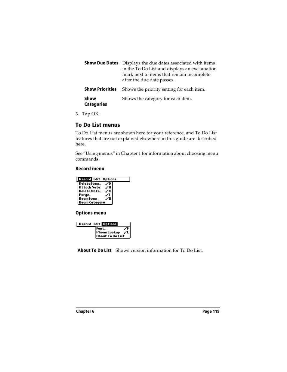 To do list menus, Record menu, Options menu | Handspring Visor Deluxe Handheld User Manual | Page 127 / 282