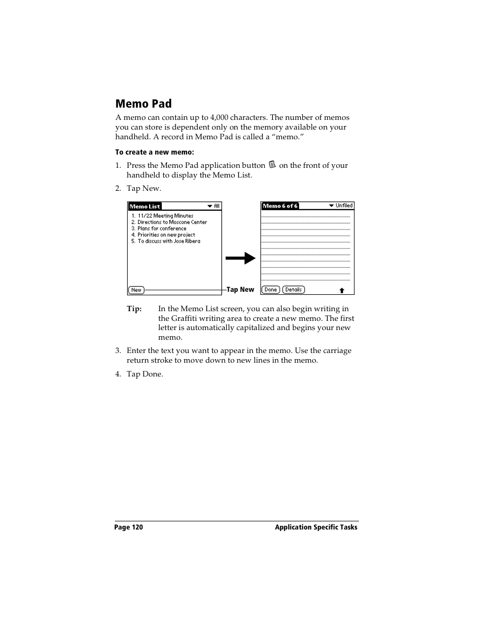 Memo pad, To create a new memo | Handspring Visor Deluxe Handheld User Manual | Page 128 / 282