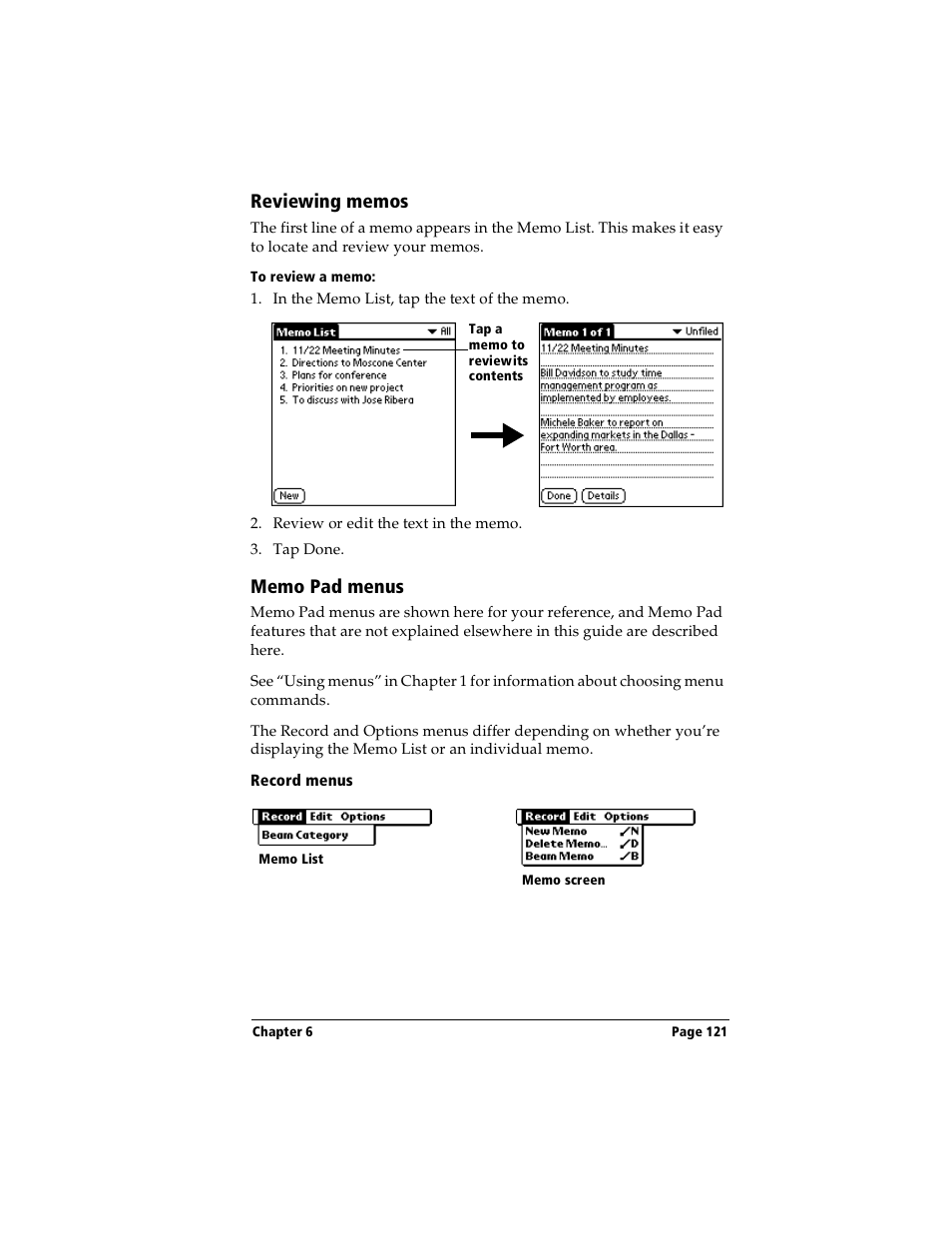Reviewing memos, To review a memo, Memo pad menus | Record menus, Reviewing memos memo pad menus, Beaming information | Handspring Visor Deluxe Handheld User Manual | Page 129 / 282