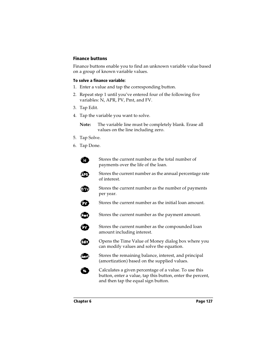 Finance buttons, To solve a finance variable | Handspring Visor Deluxe Handheld User Manual | Page 135 / 282
