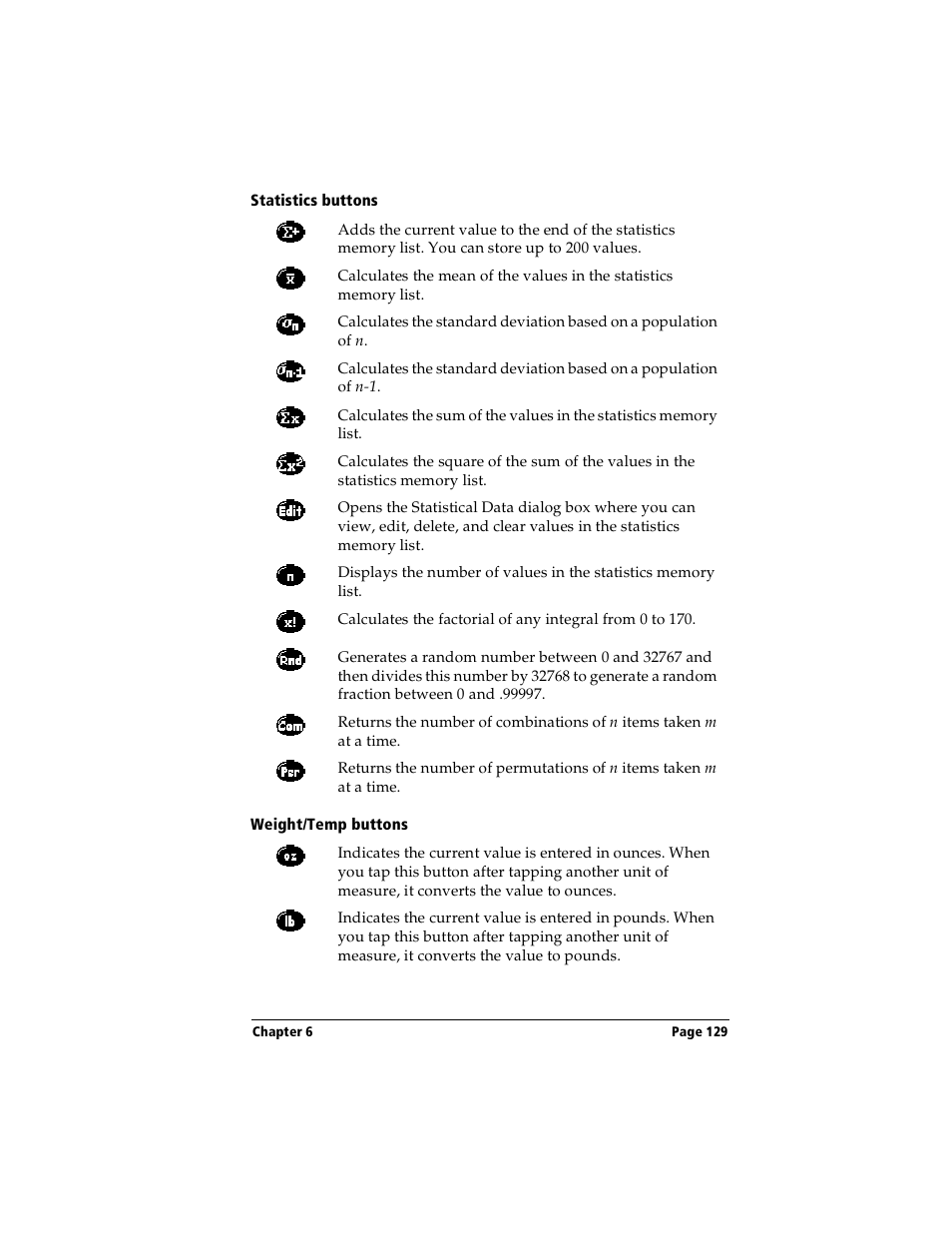 Statistics buttons, Weight/temp buttons | Handspring Visor Deluxe Handheld User Manual | Page 137 / 282