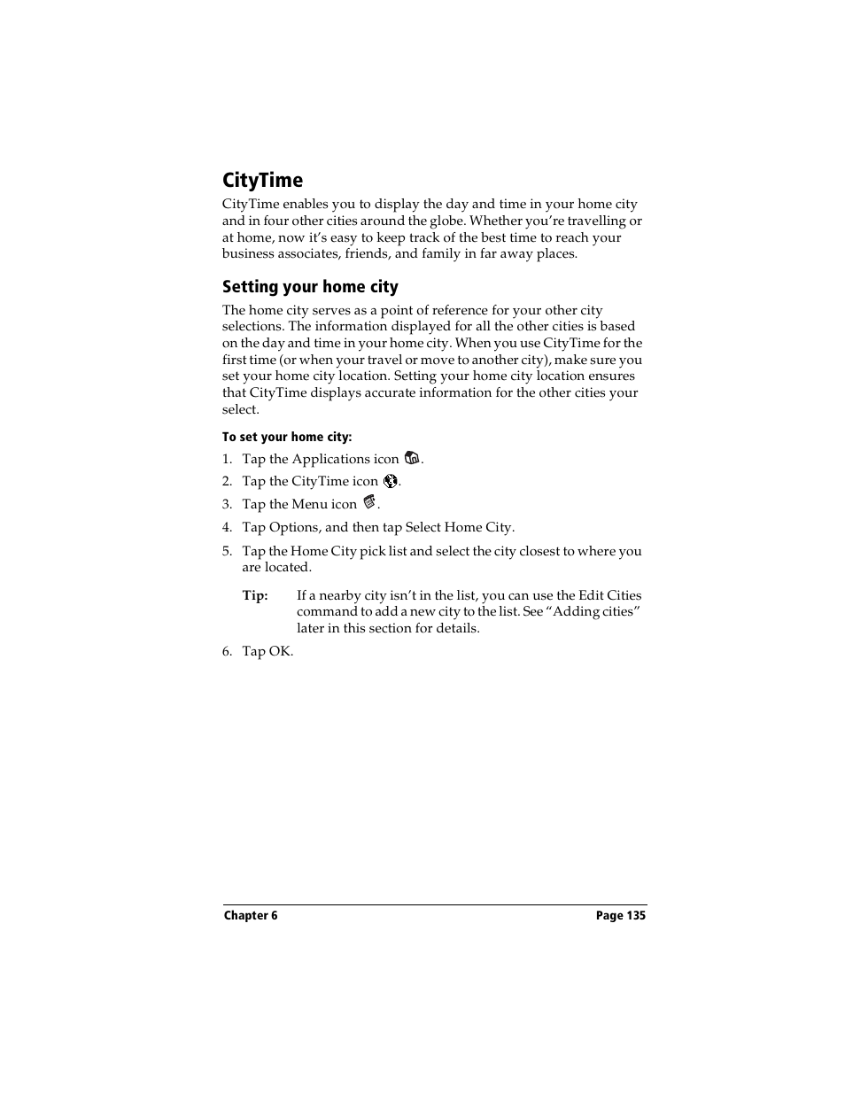 Citytime, Setting your home city, To set your home city | Handspring Visor Deluxe Handheld User Manual | Page 143 / 282